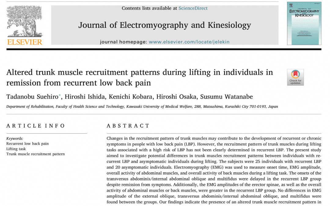 Altered trunk muscle recruitment patterns during lifting in individuals in remission from low back pain