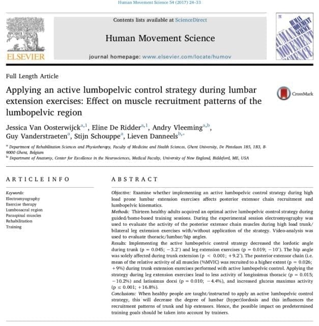 Applying an active lumbopelvic control strategy during lumbar extension exercises: Effect on muscle recruitment patterns of the lumbopelvic region